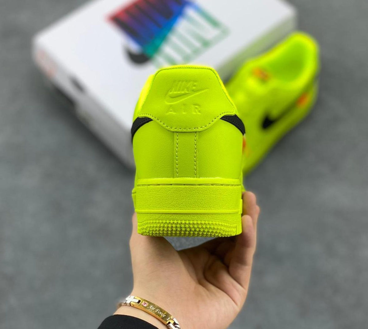 Custom neon green Air Force 1 sneakers, handmade