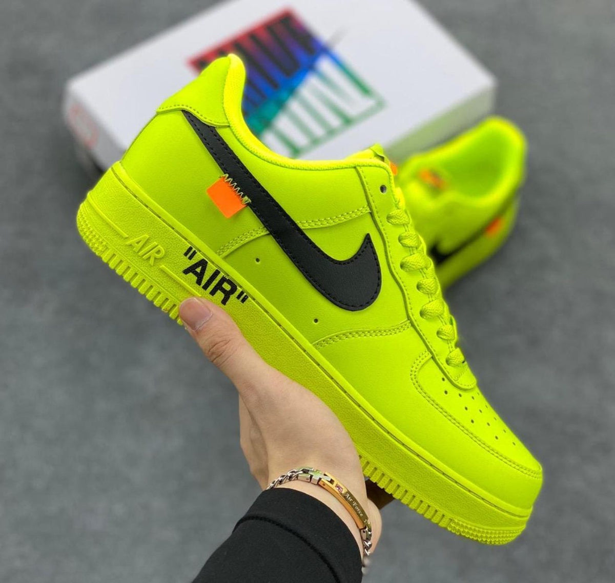 Custom neon green Air Force 1 sneakers, handmade