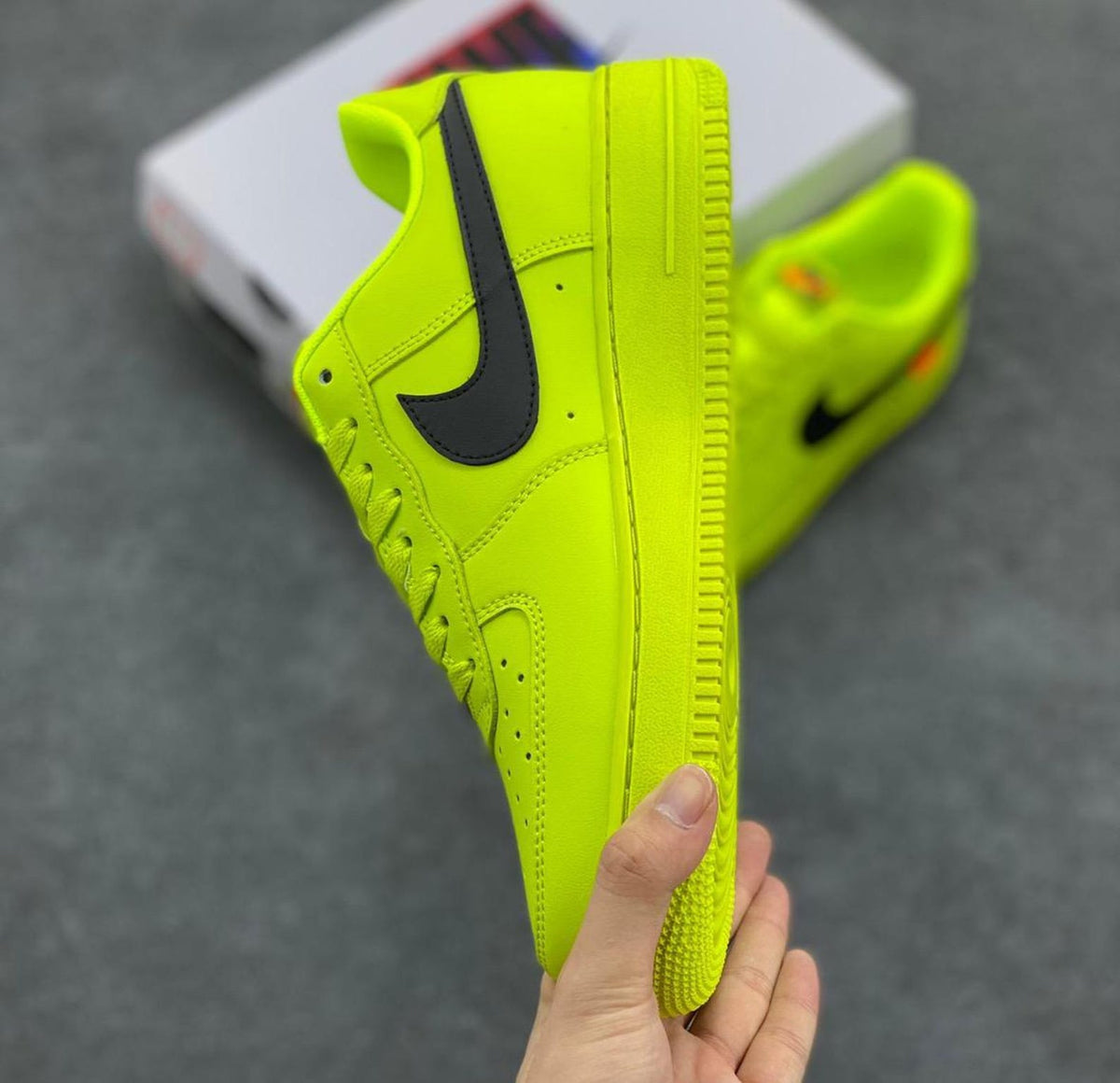 Custom neon green Air Force 1 sneakers, handmade