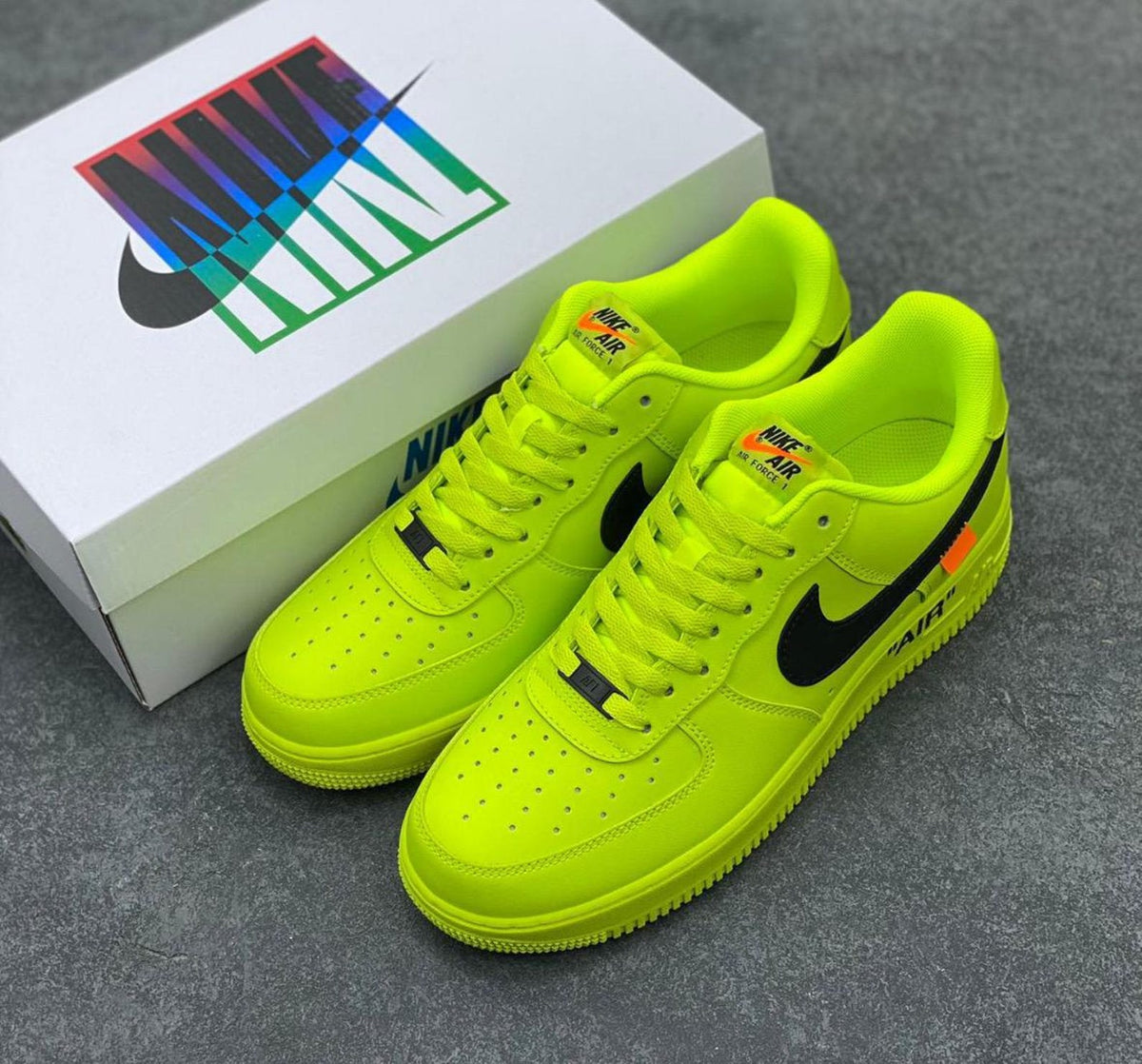 Custom neon green Air Force 1 sneakers, handmade