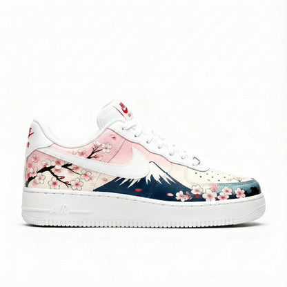 Custom Hand-Painted Nike Air Force 1 Shoes | Cherry Blossom Mount Fuji | Japanese Sakura AF1 Sneakers
