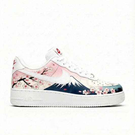 Custom Hand-Painted Nike Air Force 1 Shoes | Cherry Blossom Mount Fuji | Japanese Sakura AF1 Sneakers
