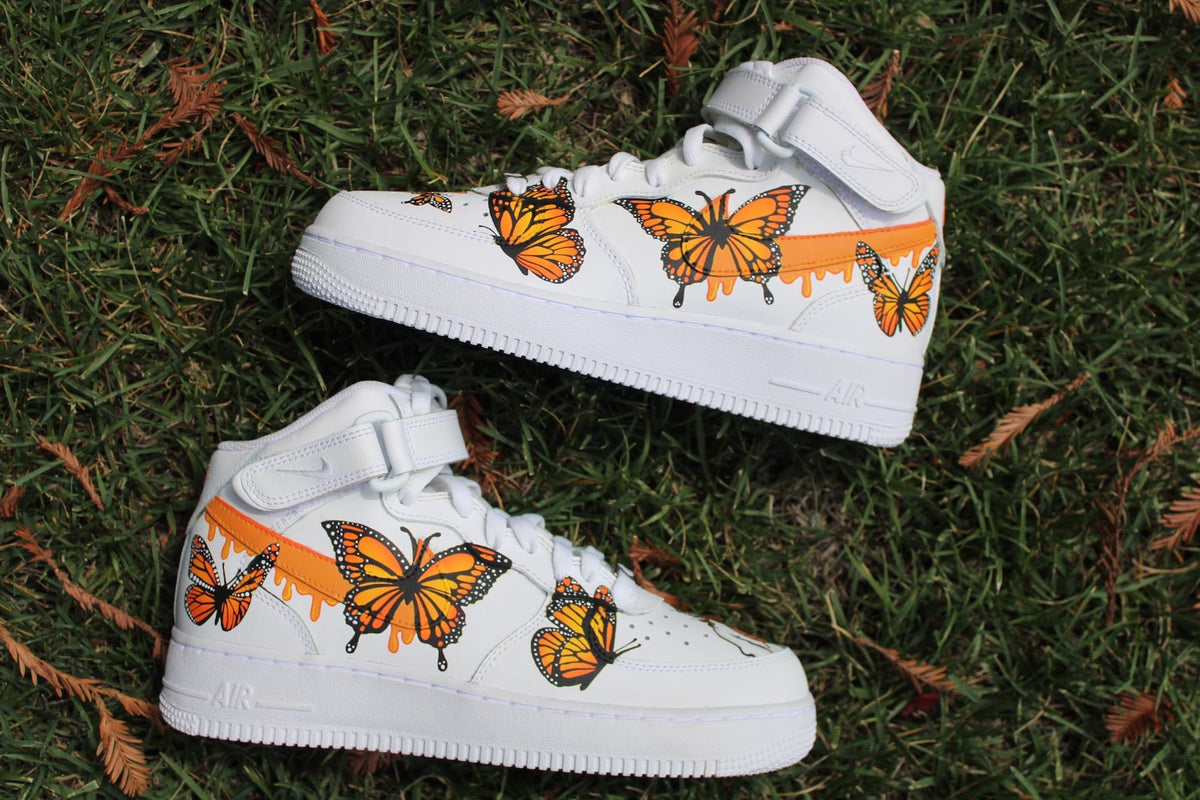Custom Air Force 1 Butterfly Sneakers | Hand Painted Orange Monarch Shoes | Drip Effect AF1 | Cute Aesthetic Streetwear Kicks