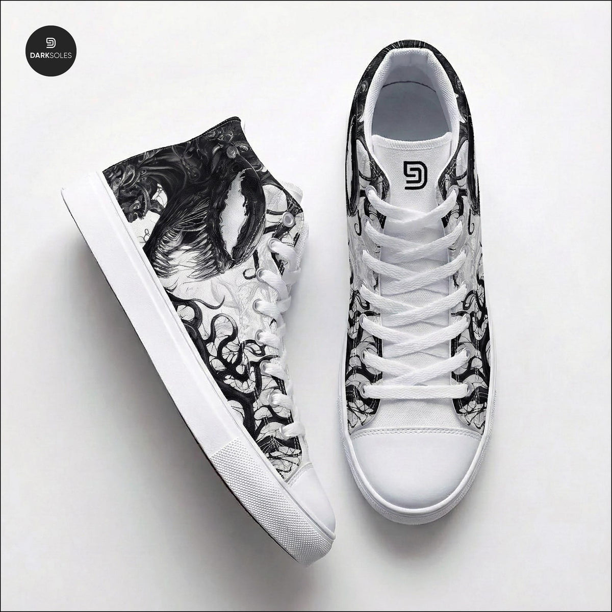 Men's Custom Symbiote High Top Sneakers | Black and White Alien Canvas Shoes | Anime Style Streetwear | Goth Edgy Men’s Footwear