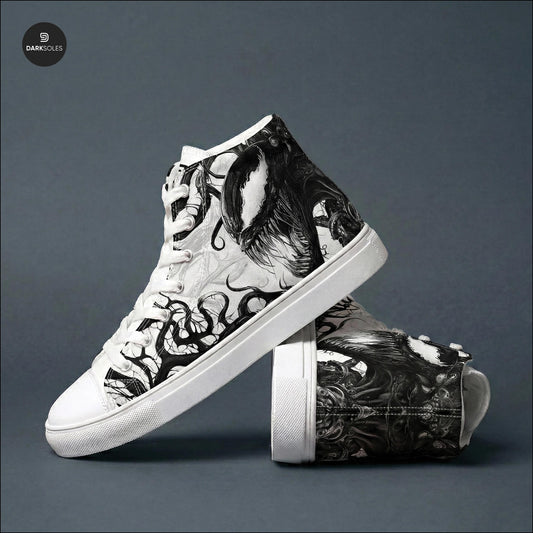 Men's Custom Symbiote High Top Sneakers | Black and White Alien Canvas Shoes | Anime Style Streetwear | Goth Edgy Men’s Footwear
