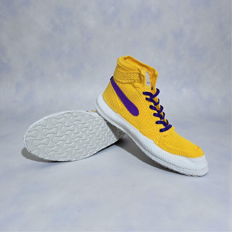 LA Team Colors Crochet Jordan Slippers, Warm Winter House Shoes, Soft Knitted Sneaker Socks, Yellow Purple Plush, Retro