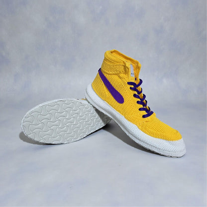 LA Team Colors Crochet Jordan Slippers, Warm Winter House Shoes, Soft Knitted Sneaker Socks, Yellow Purple Plush, Retro Basketball Kicks