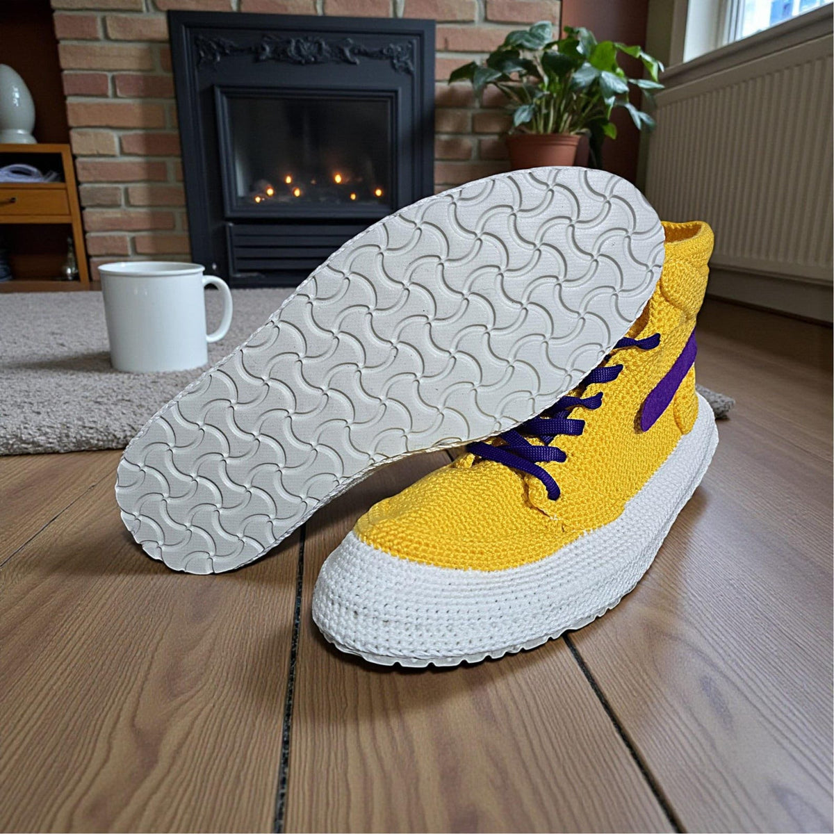 LA Team Colors Crochet Jordan Slippers, Warm Winter House Shoes, Soft Knitted Sneaker Socks, Yellow Purple Plush, Retro Basketball Kicks