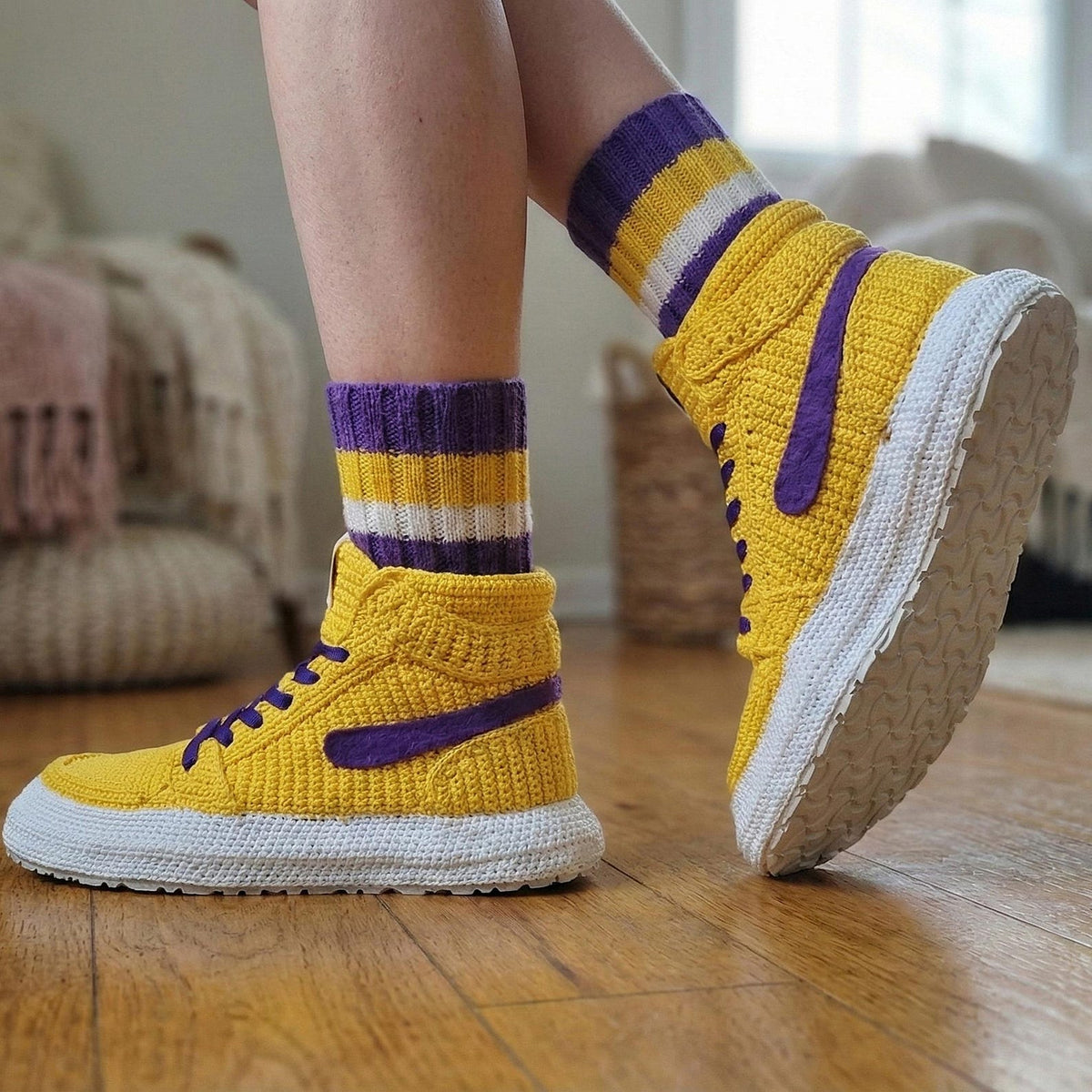 LA Team Colors Crochet Jordan Slippers, Warm Winter House Shoes, Soft Knitted Sneaker Socks, Yellow Purple Plush, Retro Basketball Kicks