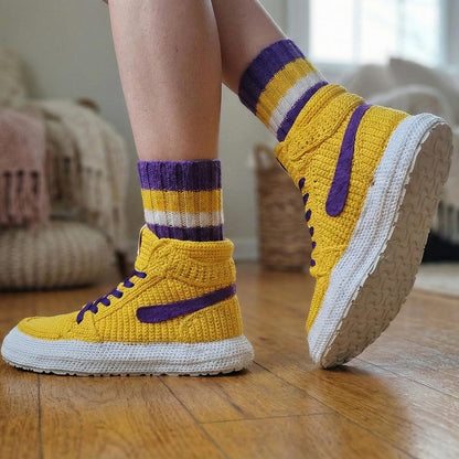 LA Team Colors Crochet Jordan Slippers, Warm Winter House Shoes, Soft Knitted Sneaker Socks, Yellow Purple Plush, Retro Basketball Kicks
