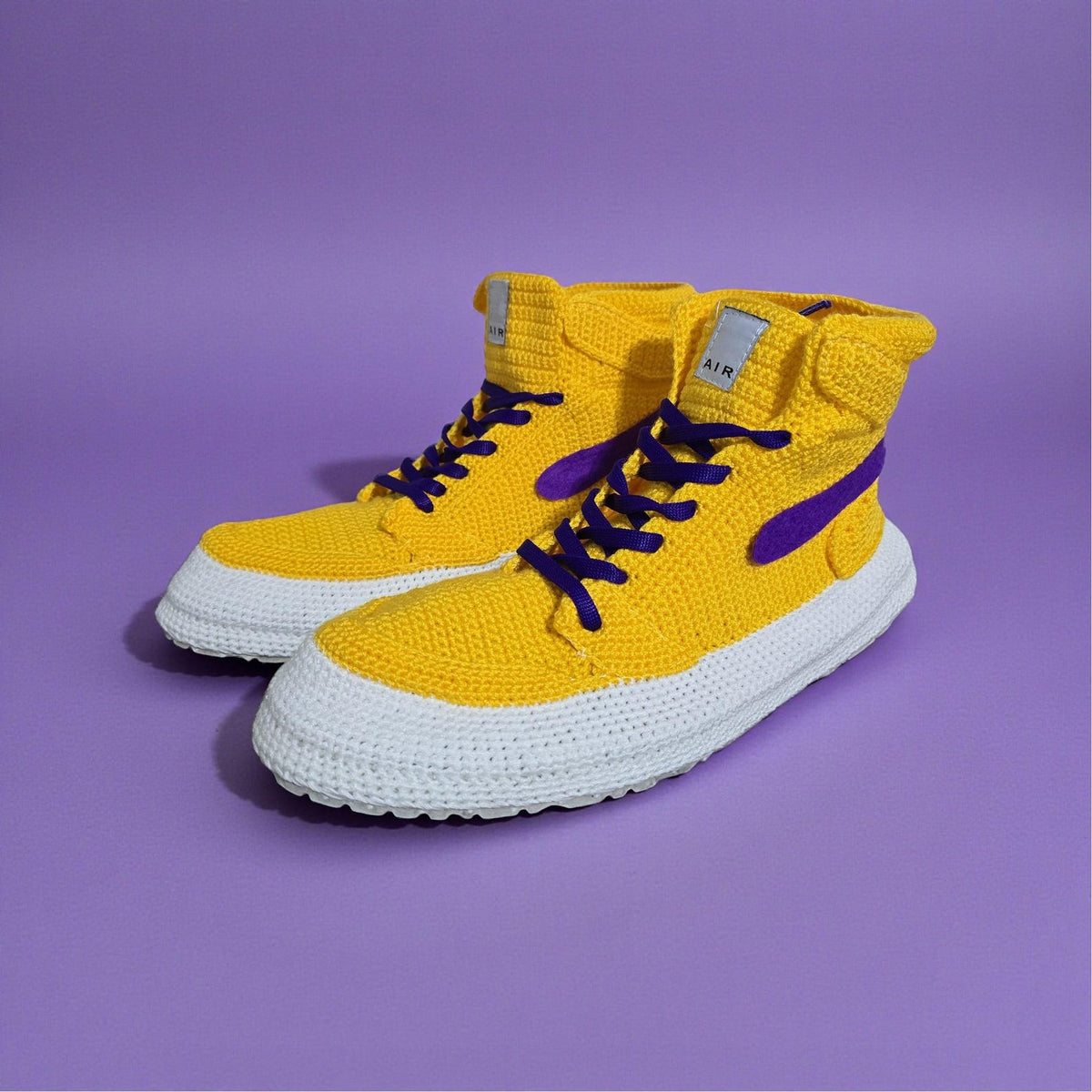 LA Team Colors Crochet Jordan Slippers, Warm Winter House Shoes, Soft Knitted Sneaker Socks, Yellow Purple Plush, Retro Basketball Kicks