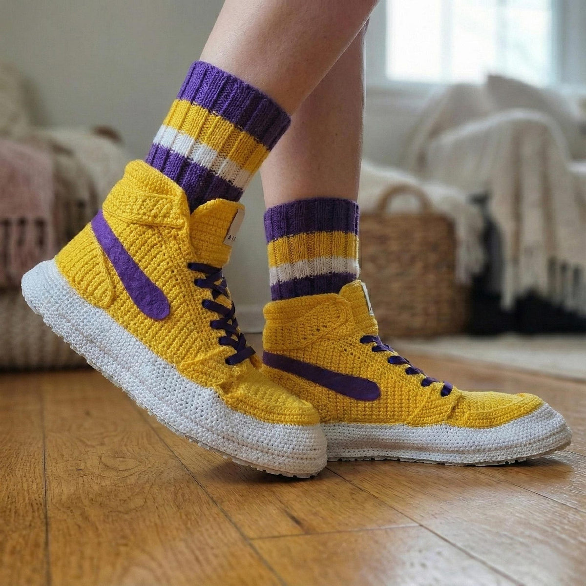 LA Team Colors Crochet Jordan Slippers, Warm Winter House Shoes, Soft Knitted Sneaker Socks, Yellow Purple Plush, Retro Basketball Kicks