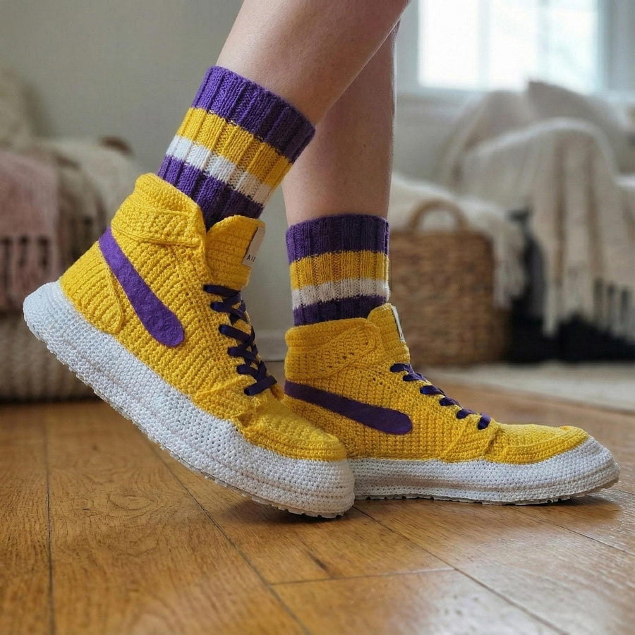LA Team Colors Crochet Jordan Slippers, Warm Winter House Shoes, Soft Knitted Sneaker Socks, Yellow Purple Plush, Retro Basketball Kicks