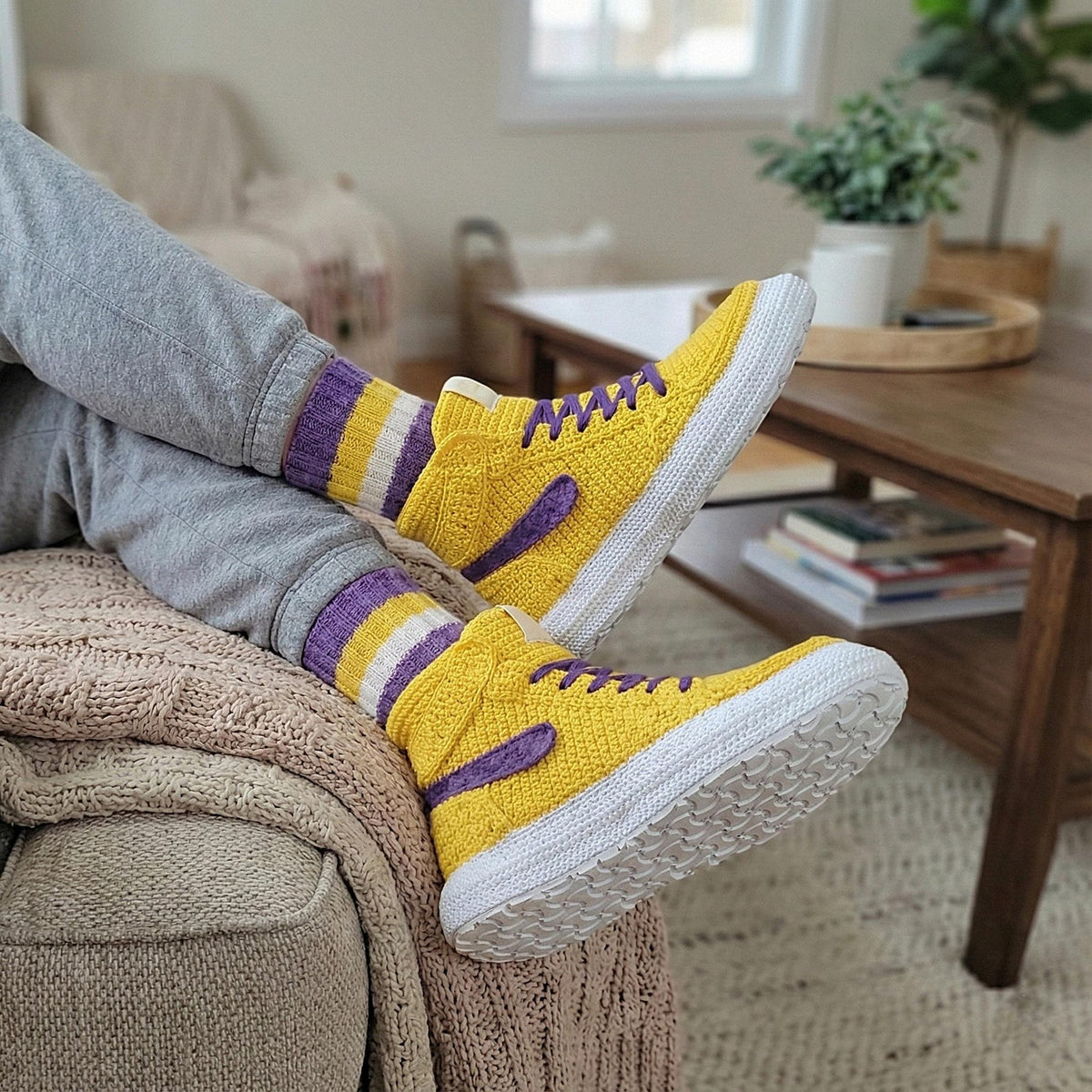 LA Team Colors Crochet Jordan Slippers, Warm Winter House Shoes, Soft Knitted Sneaker Socks, Yellow Purple Plush, Retro Basketball Kicks