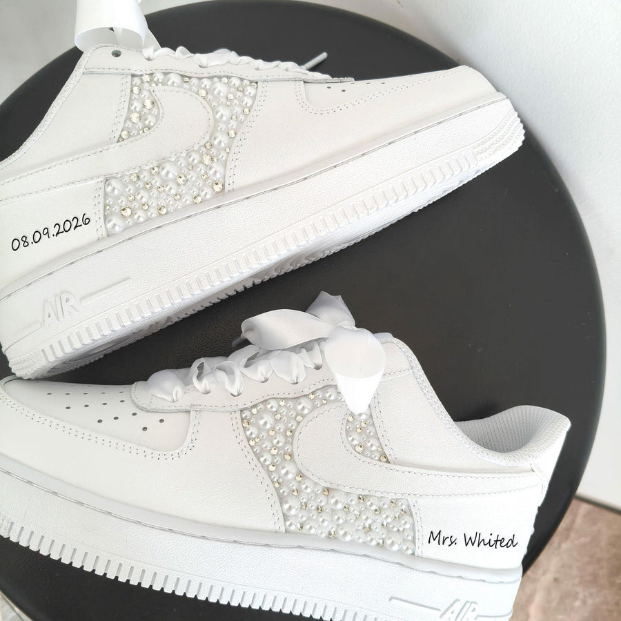 Custom Pearl Lace Air Force One Wedding Shoes–Personalized Bridal Sneakers–A gift for the bride–Anniversary Gift–Comfortable wedding shoe