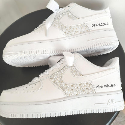 Custom Pearl Lace Air Force One Wedding Shoes–Personalized Bridal Sneakers–A gift for the bride–Anniversary Gift–Comfortable wedding shoe