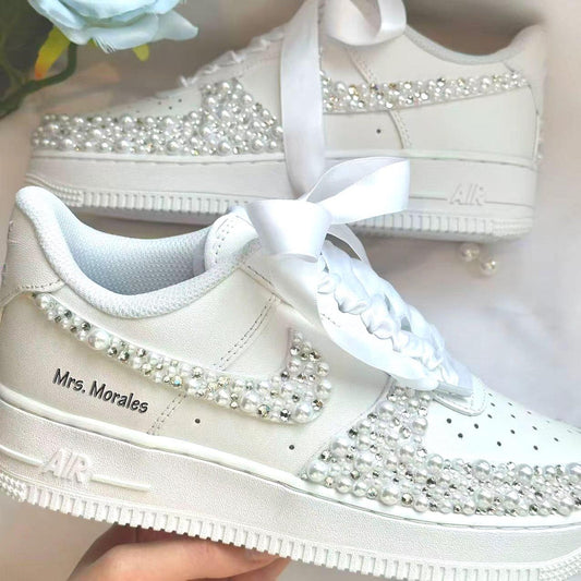 Personalized Wedding Bride Pearl Rhinestone Sneakers, Custom Air Force One Shoes, Bridesmaid & Best Man Gift, Prom Pearl Wedding Shoes