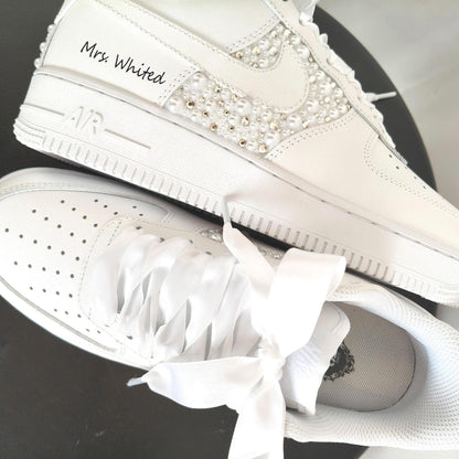 Custom Pearl Lace Air Force One Wedding Shoes–Personalized Bridal Sneakers–A gift for the bride–Anniversary Gift–Comfortable wedding shoe