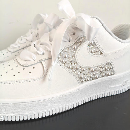 Custom Pearl Lace Air Force One Wedding Shoes–Personalized Bridal Sneakers–A gift for the bride–Anniversary Gift–Comfortable wedding shoe