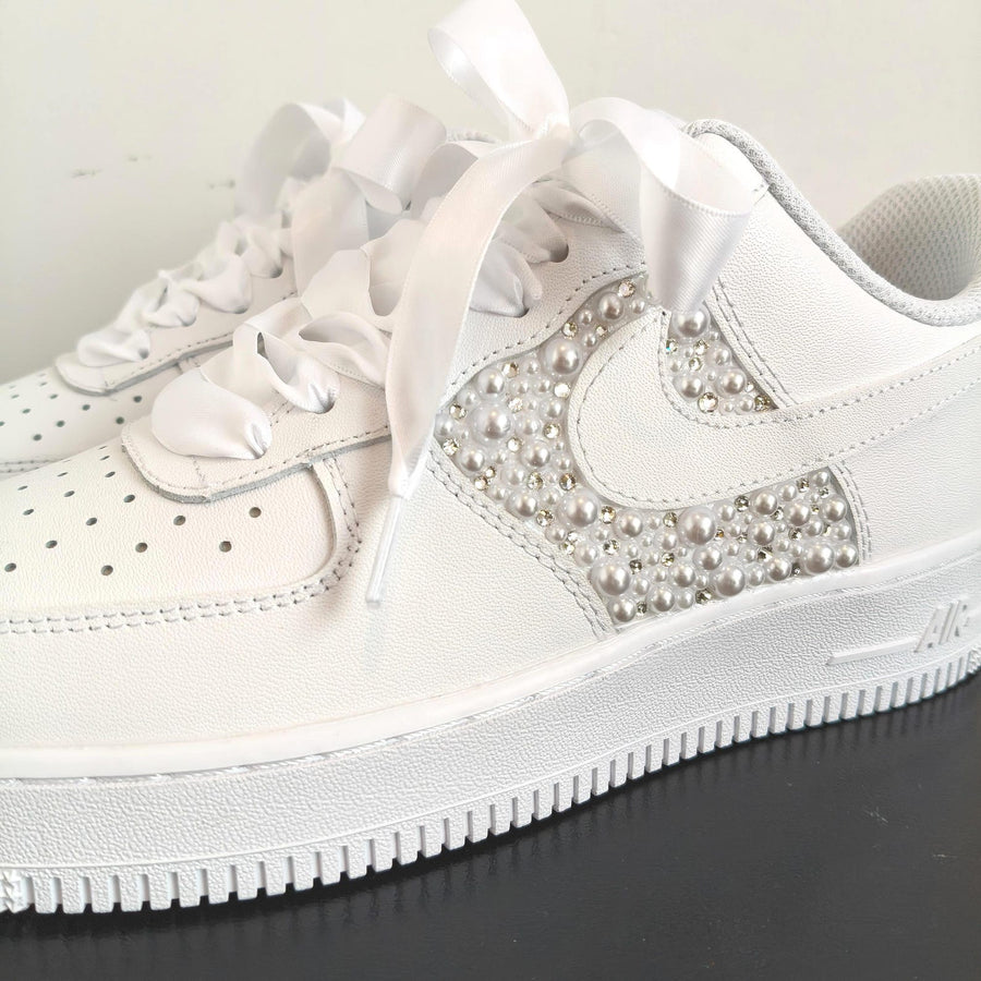 Custom Pearl Lace Air Force One Wedding Shoes–Personalized Bridal Sneakers–A gift for the bride–Anniversary Gift–Comfortable wedding shoe