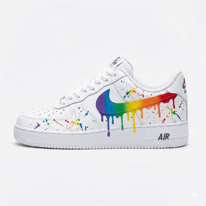 Custom Nike Air Force 1 Shoes | Rainbow Swoosh Paint Splatter | Pride Sneakers AF1