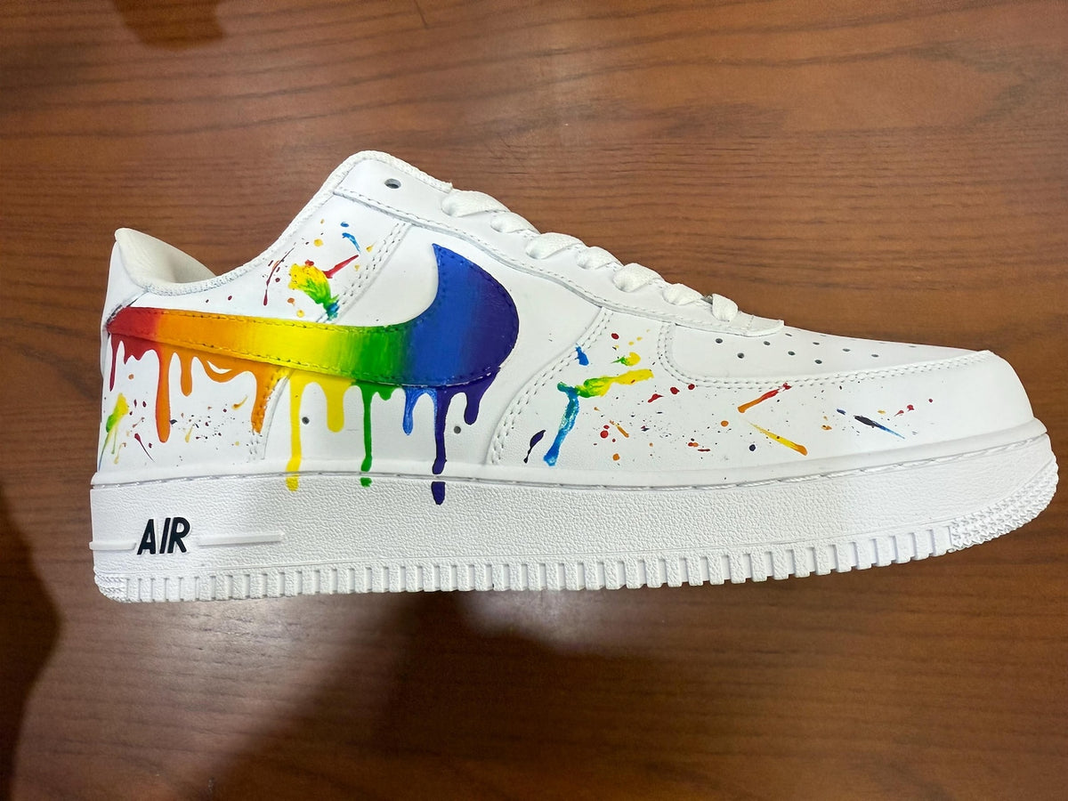 Custom Nike Air Force 1 Shoes | Rainbow Swoosh Paint Splatter | Pride Sneakers AF1