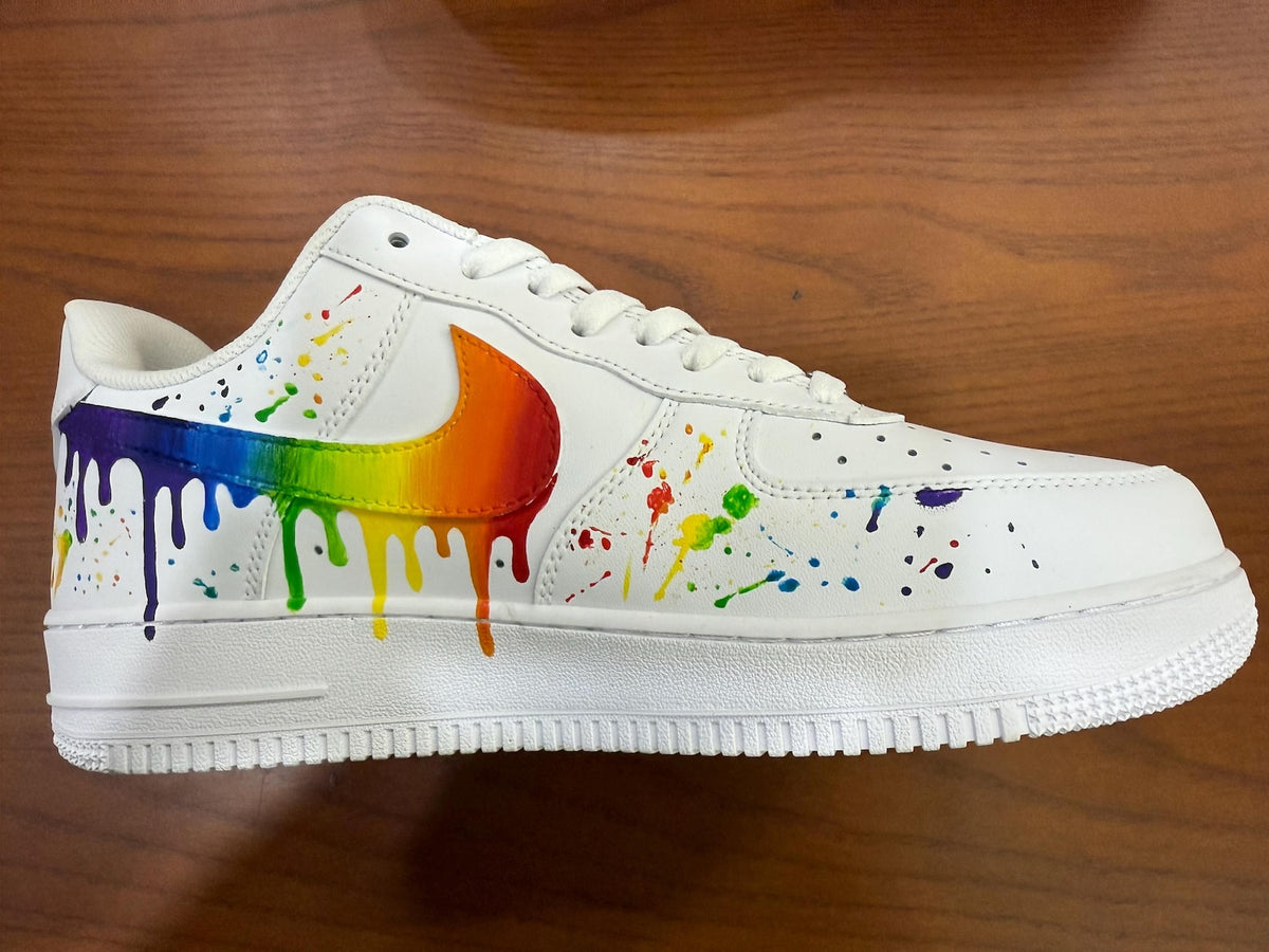 Custom Nike Air Force 1 Shoes | Rainbow Swoosh Paint Splatter | Pride Sneakers AF1
