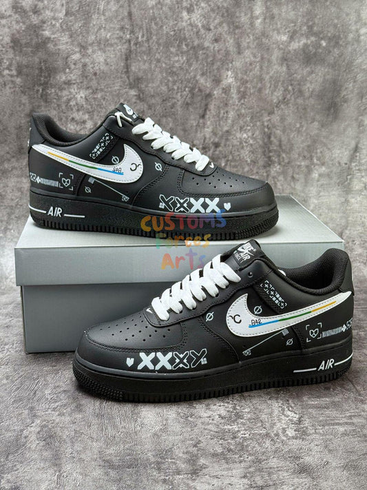 Custom Hand-Painted Air Force 1 Sneakers, Black Stream Design, Wash Resistance Guarantee