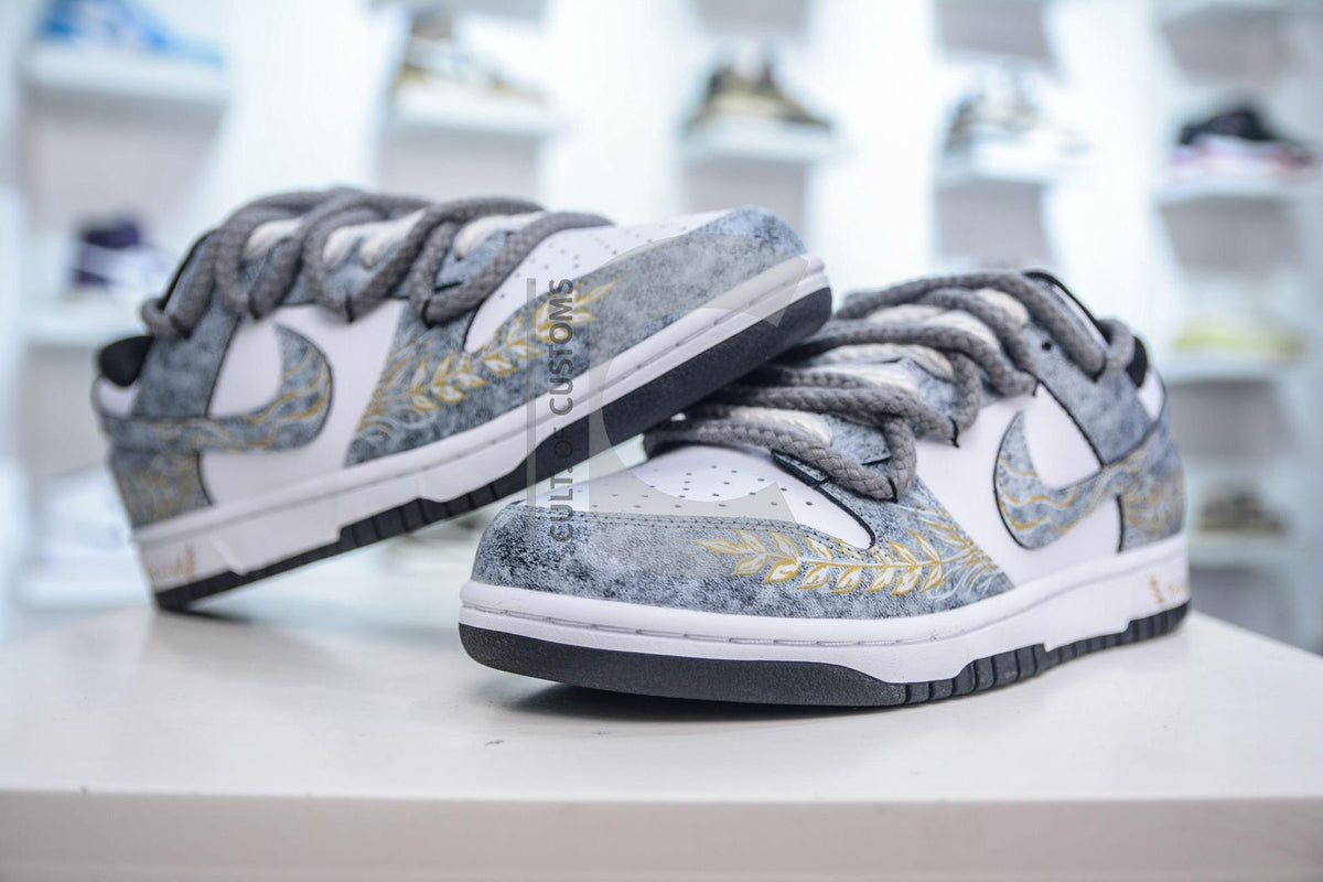 Custom Dunk low Grey Handpainted shoes greek god extra laces customized shoes