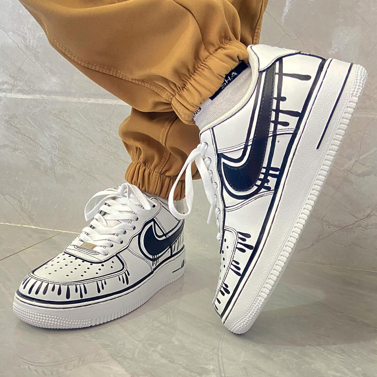 Custom Air Force 1 & Hand-Painted Af1 Shoes - Black White Drip On White Leather, Customized Sneakers, DIY Gift for Sneaker Lovers,Airforce1