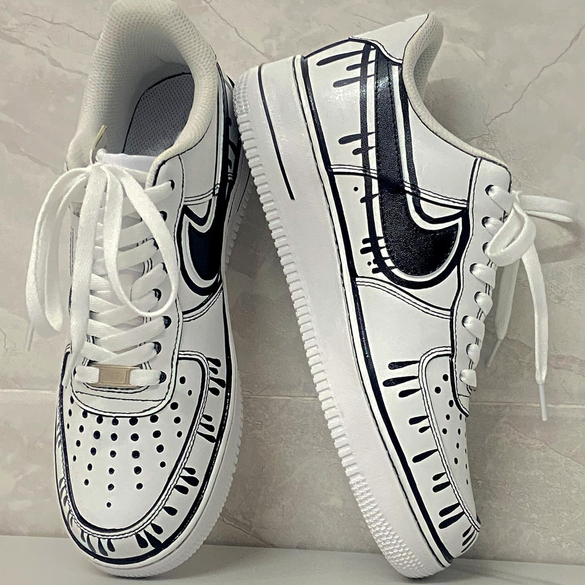 Custom Air Force 1 & Hand-Painted Af1 Shoes - Black White Drip On White Leather, Customized Sneakers, DIY Gift for Sneaker Lovers,Airforce1