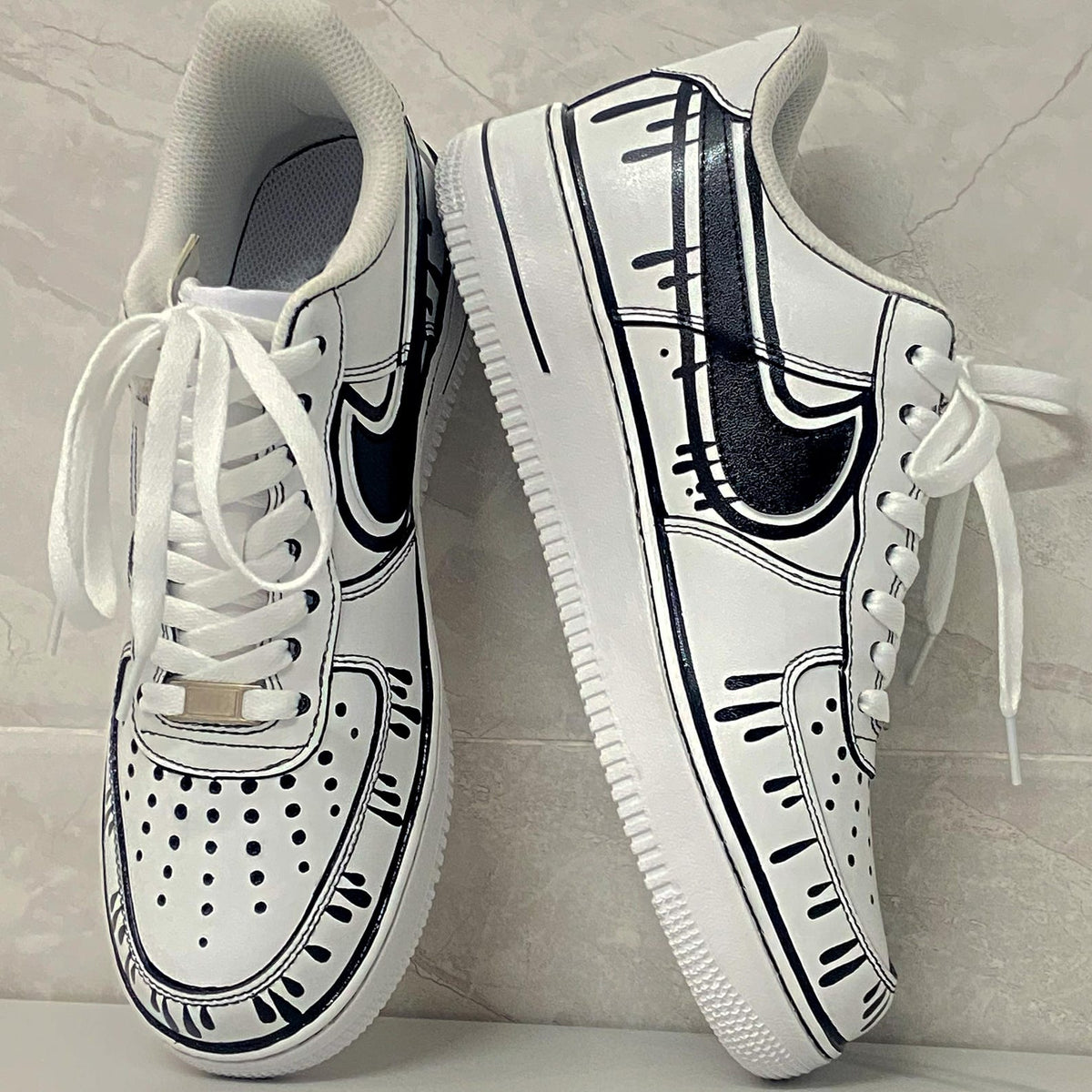 Custom Air Force 1 & Hand-Painted Af1 Shoes - Black White Drip On White Leather, Customized Sneakers, DIY Gift for Sneaker Lovers,Airforce1