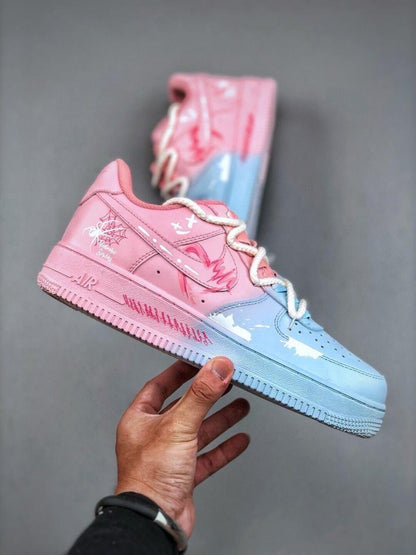 Custom handcrafted pink and blue Air Force 1 sneakers