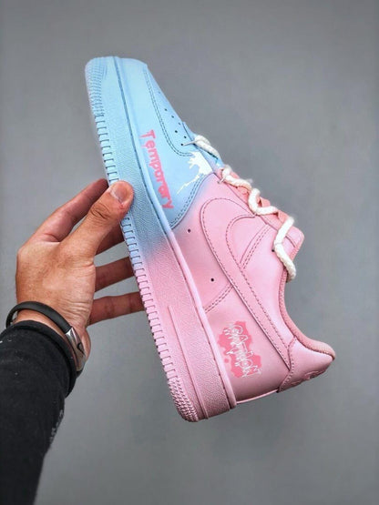 Custom handcrafted pink and blue Air Force 1 sneakers