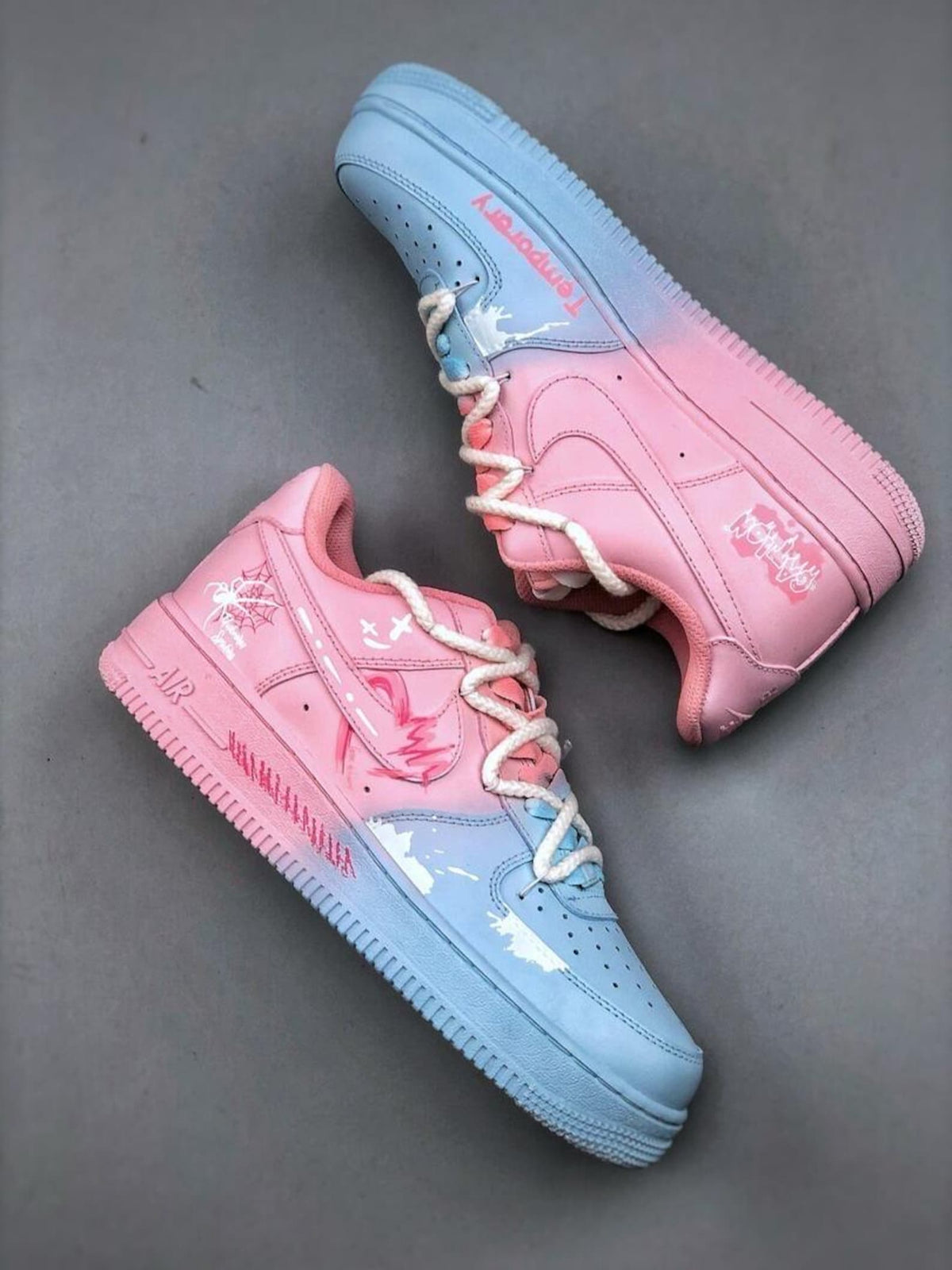 Custom handcrafted pink and blue Air Force 1 sneakers