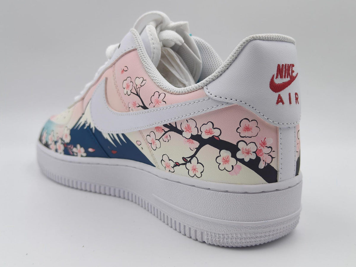 Custom Hand-Painted Nike Air Force 1 Shoes | Cherry Blossom Mount Fuji | Japanese Sakura AF1 Sneakers
