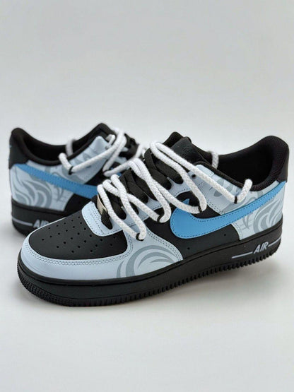 Custom handcrafted black and blue Air Force 1 sneakers