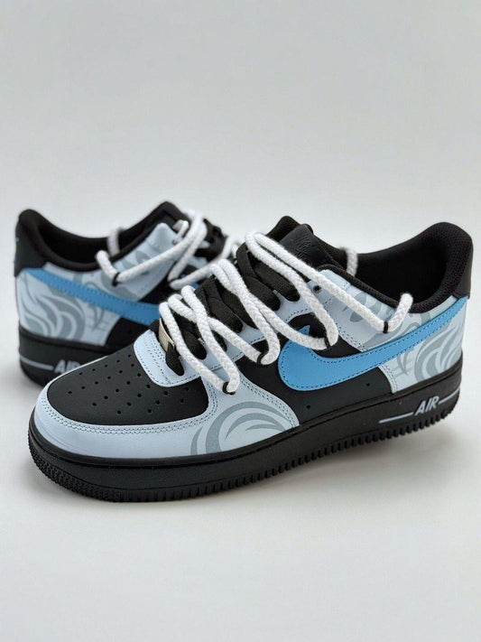 Custom handcrafted black and blue Air Force 1 sneakers