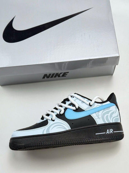 Custom handcrafted black and blue Air Force 1 sneakers