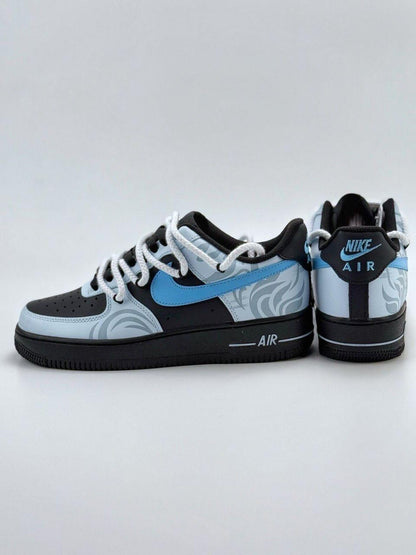 Custom handcrafted black and blue Air Force 1 sneakers