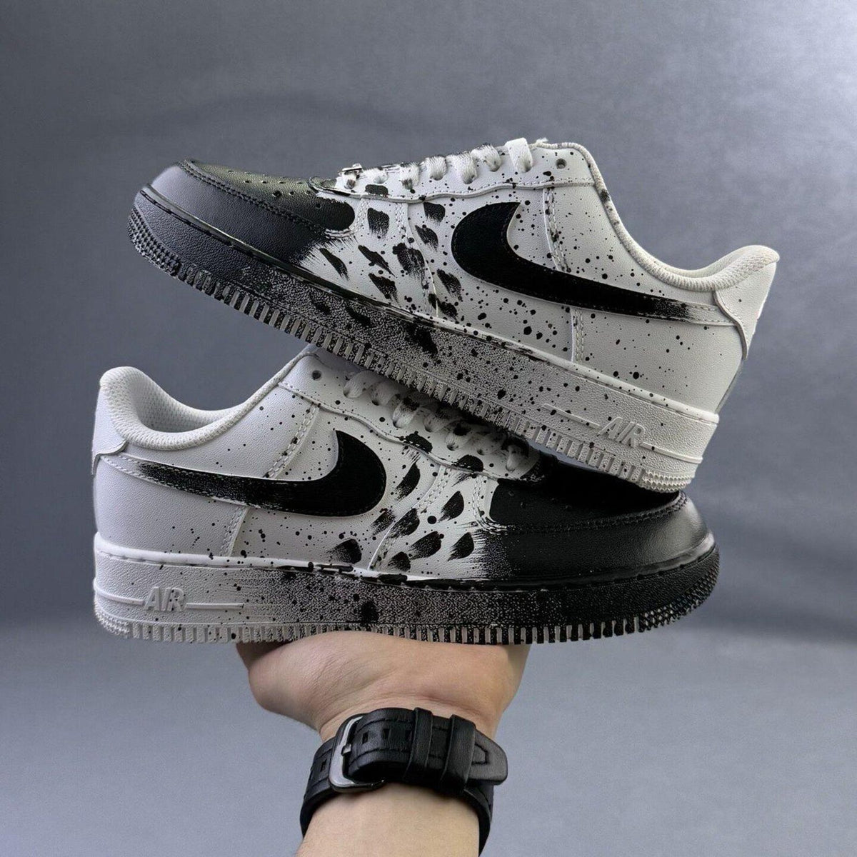 Custom Air Force 1 sneakers in black and white, handmade
