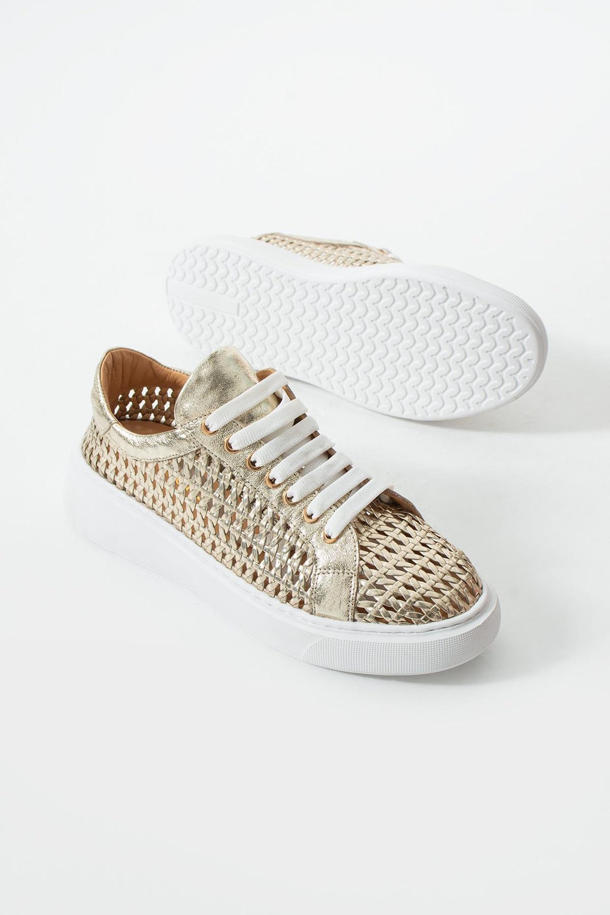 Glow Genuine Leather Gold Women's Casual Braided Sneaker Shoes