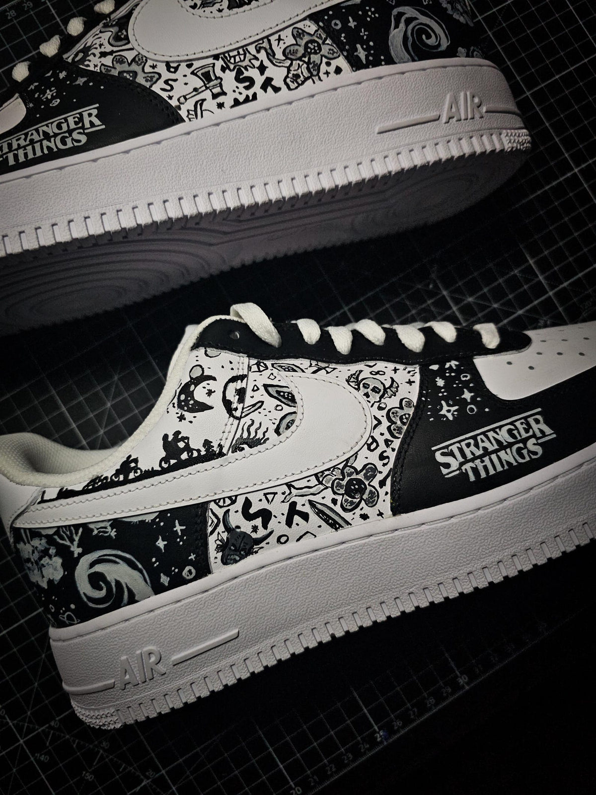 Custom Stranger Things Nike Air Force 1 – Hand Painted Sneakers – Unique Netflix Inspired Shoes – Eddie Munson Design
