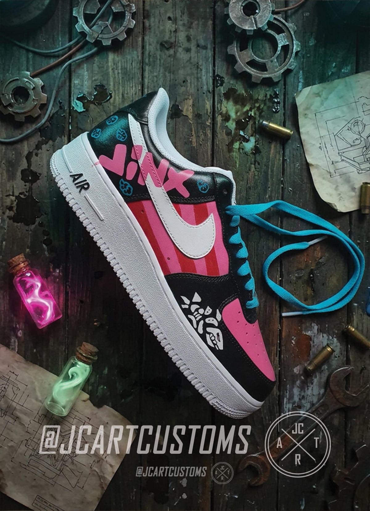 Custom Painted Jinx from the series, Unique high quality drawn shoes, Ideal for a gift, hero and villain vi, caityln arcane series kids gift