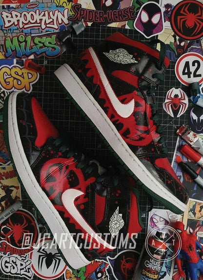 Custom Hand-Painted Miles Morales Spider-Verse Jordan 1 Sneakers – Streetwear Shoes