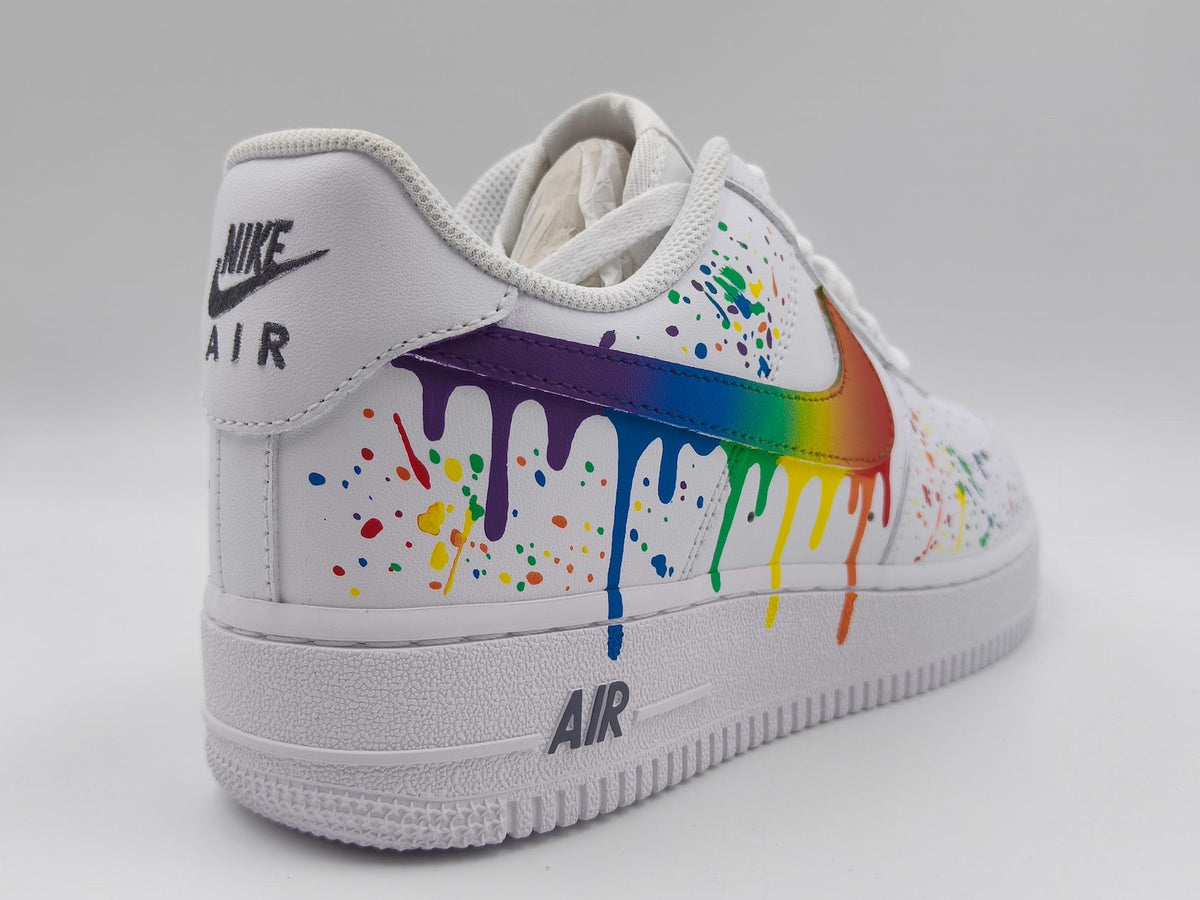 Custom Nike Air Force 1 Shoes | Rainbow Swoosh Paint Splatter | Pride Sneakers AF1