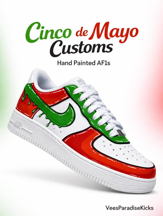 Custom Air Force 1 Cinco De Mayo Sneakers | Hand Painted Mexican Color Shoes | Red Green Drip AF1 | Fiesta Streetwear Kicks