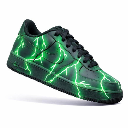 Custom Air Force 1 Green Lightning Sneakers | Hand Painted Electric Neon Shoes | Glow Effect AF1 | Bold Streetwear Custom Kicks