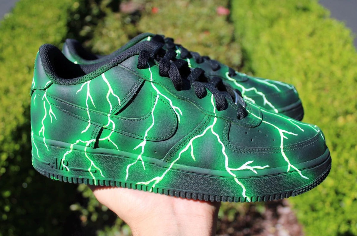 Custom Air Force 1 Green Lightning Sneakers | Hand Painted Electric Neon Shoes | Glow Effect AF1 | Bold Streetwear Custom Kicks