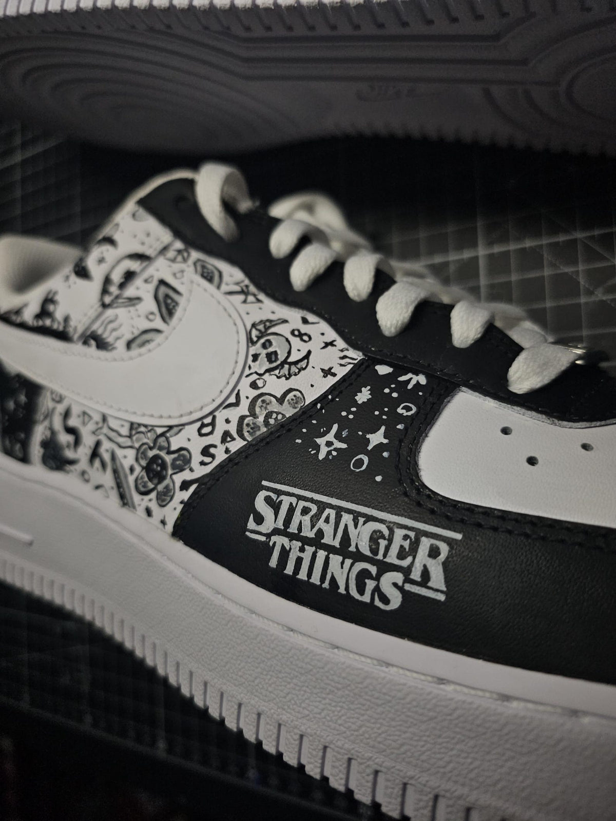 Custom Stranger Things Nike Air Force 1 – Hand Painted Sneakers – Unique Netflix Inspired Shoes – Eddie Munson Design